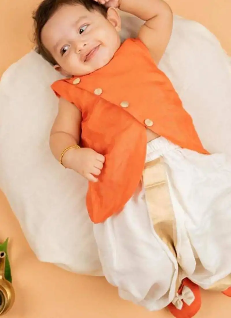 Orange upda silk plain kurta with dhoti for boys