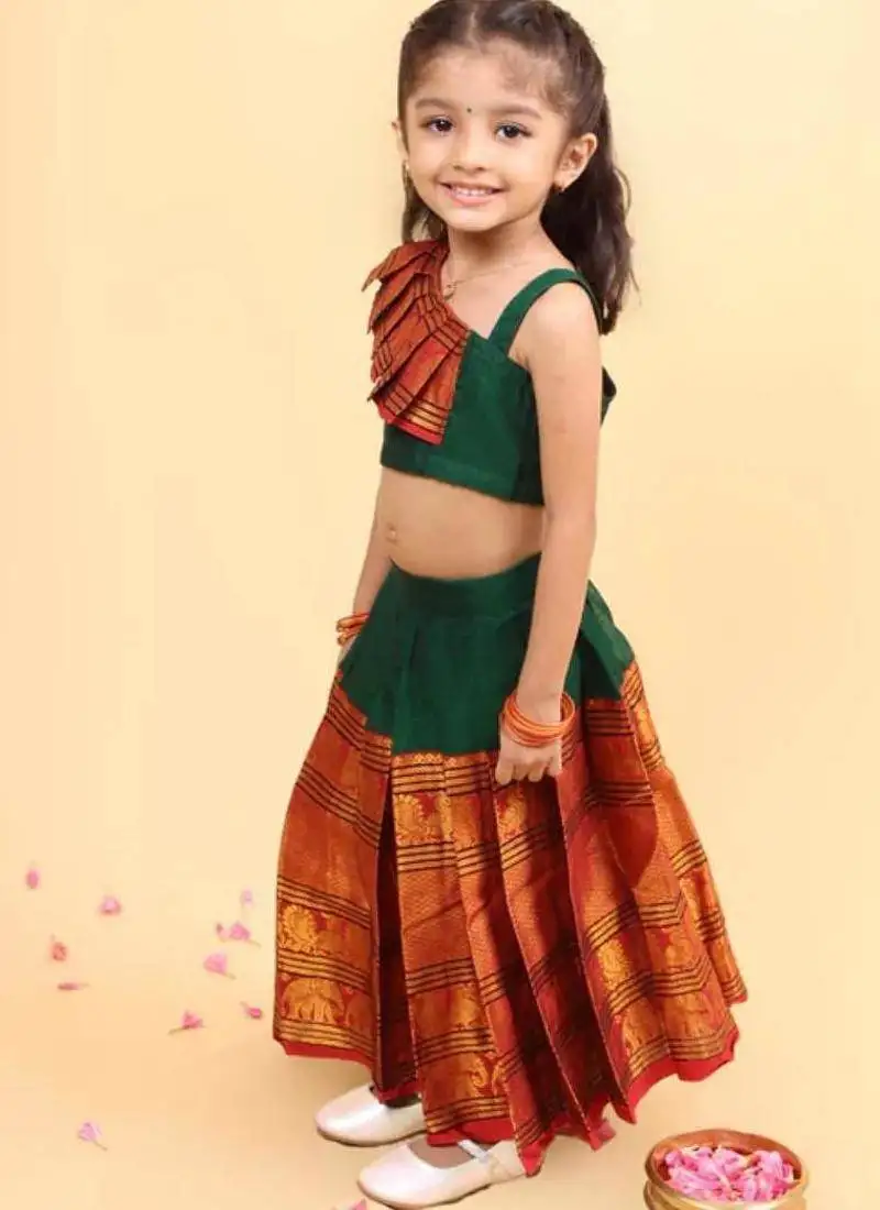 Green cotton printed green frill and flair one-shoulder crop top & skirt for girls