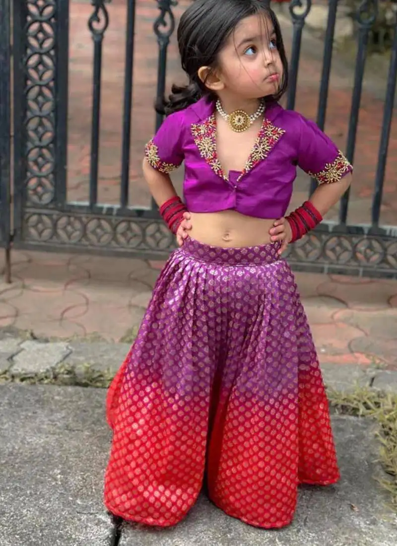 Violet brocade embroidered arati set crop top & skirt for girls