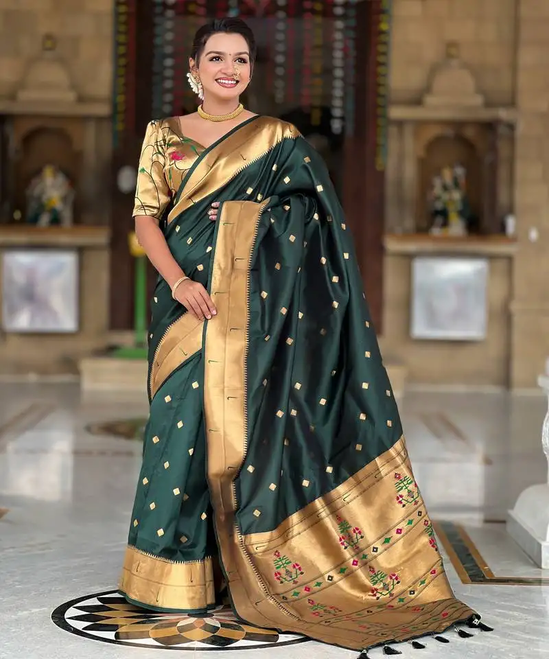 Green silk blend saree with paithani rich weaved pallu and blouse