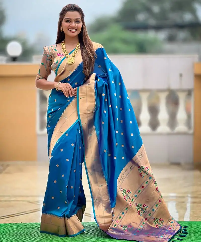 Sky blue silk blend saree with paithani rich weaved pallu and blouse