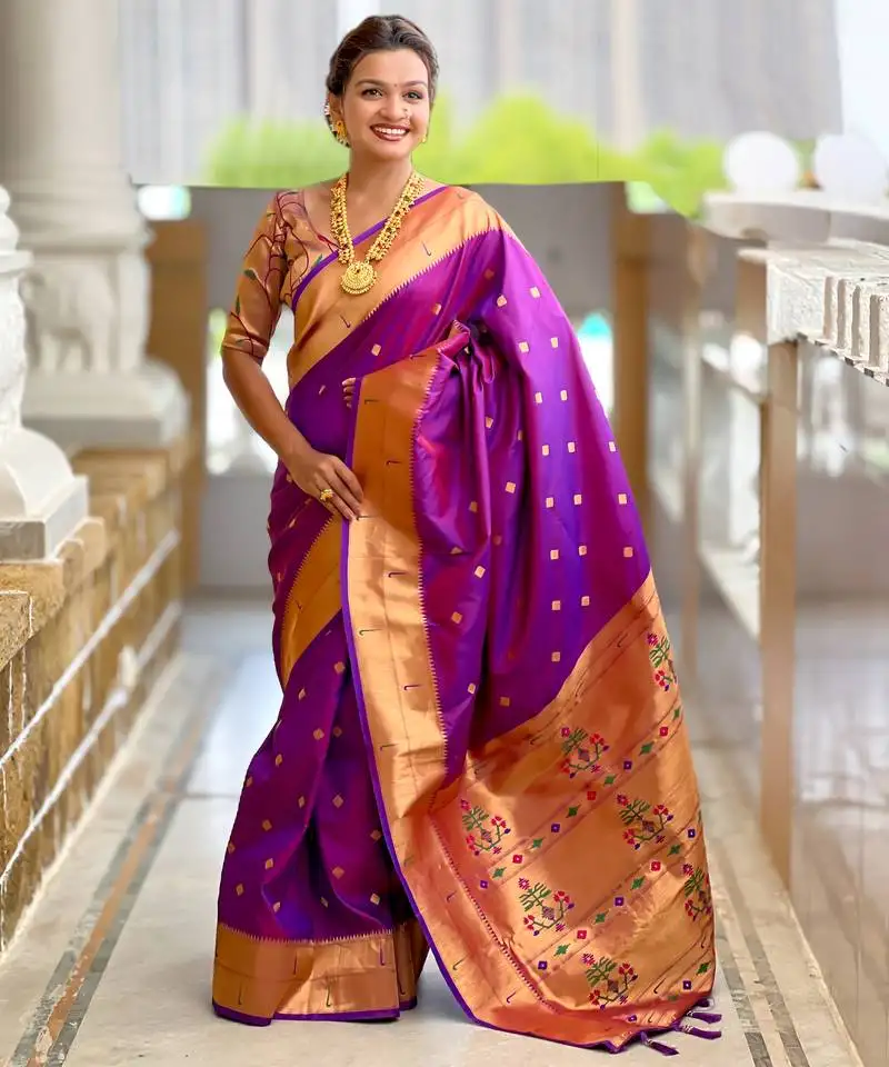 Purple silk blend saree with paithani rich weaved pallu and blouse
