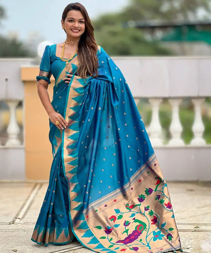 Sky blue color faux banarasi silk saree with paithani rich weaved pallu and blouse
