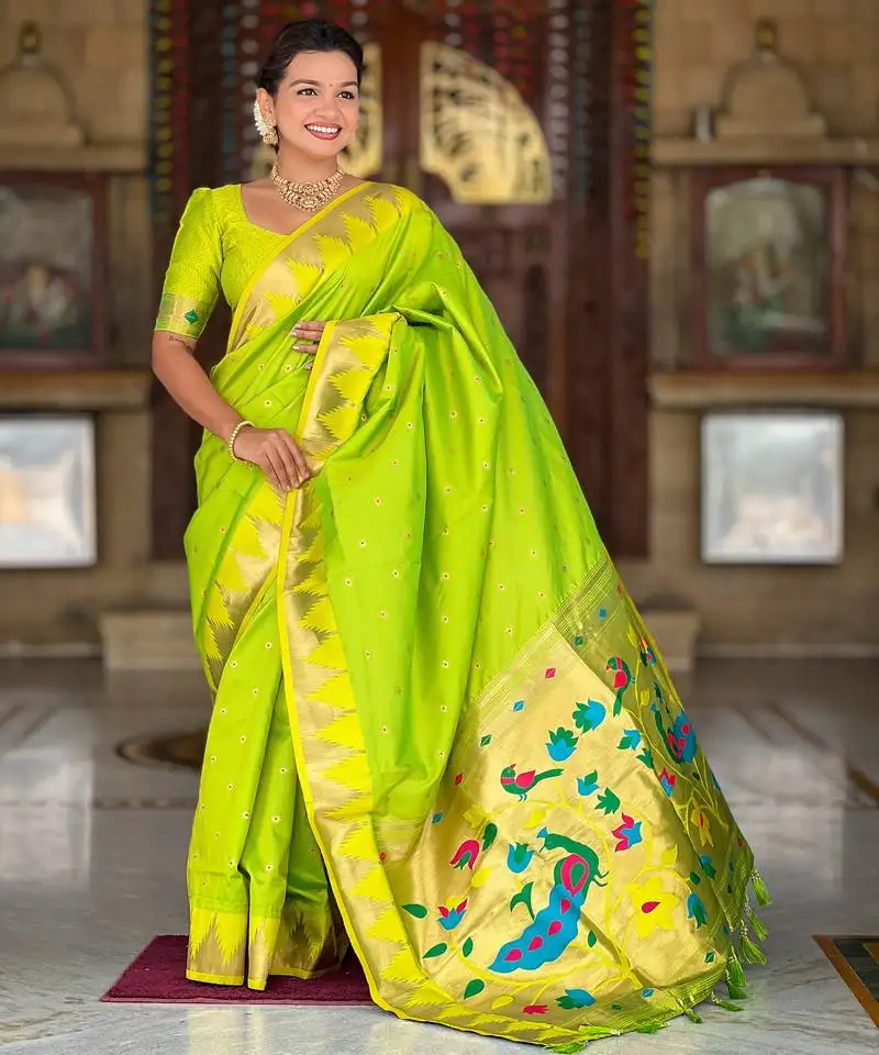 Parrot green color faux banarasi silk saree with paithani rich weaved pallu and blouse