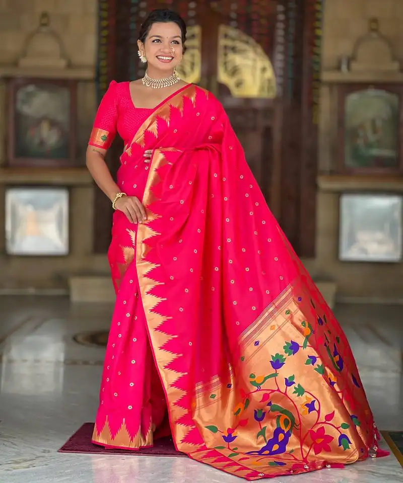 Rani pink color faux banarasi silk saree with paithani rich weaved pallu and blouse