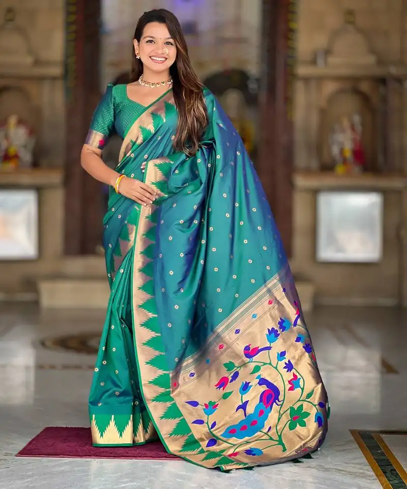 Rama color faux banarasi silk saree with paithani rich weaved pallu and blouse