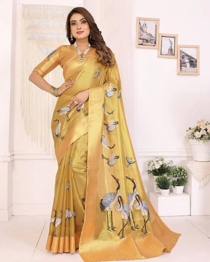 Yellow soft tissue silk cranes floral digital printed daily and festive wear saree