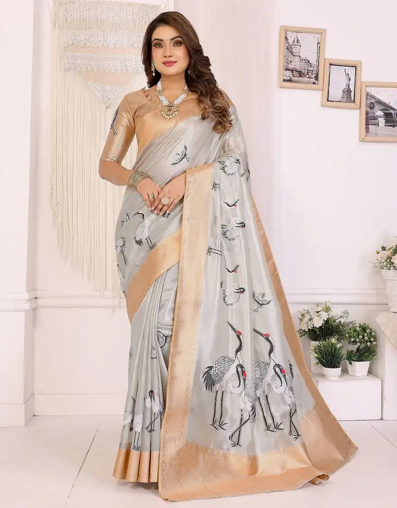 Silver soft tissue silk floral digital printed saree
