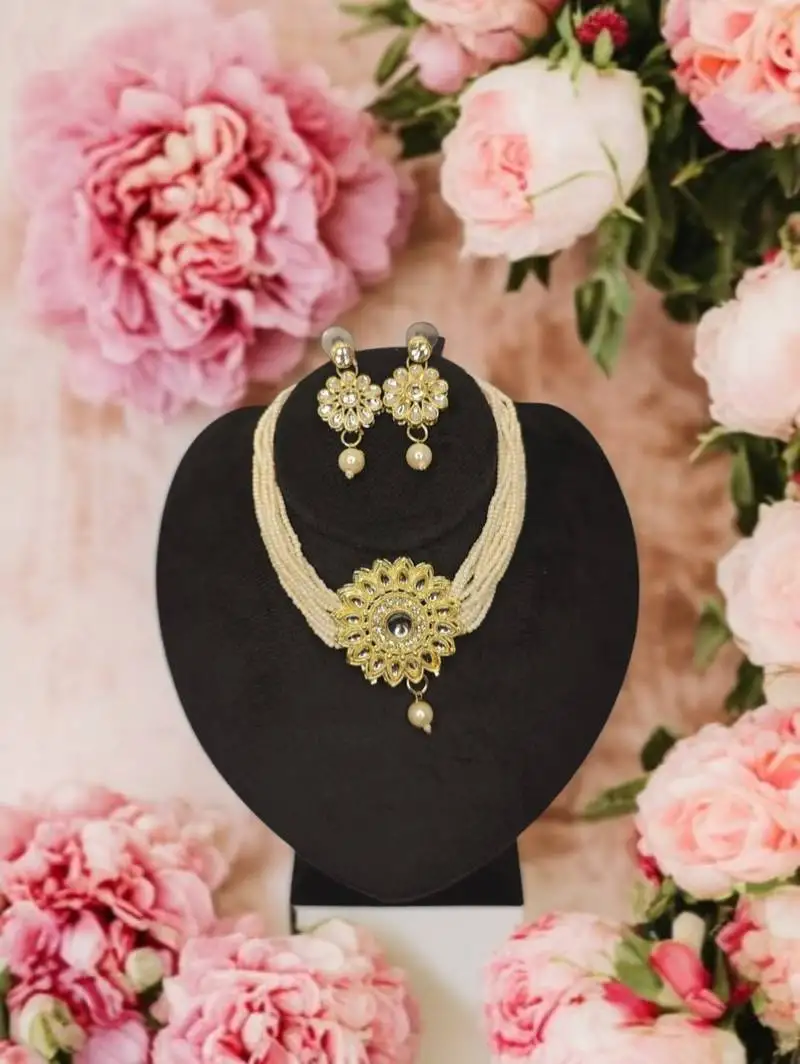 Kundan pearl choker necklace set with earrings | traditional wedding jewelry for women & girls