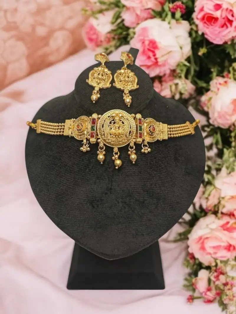 Laxmi design temple choker necklace for women | antique gold plated bridal jewellery | south indian ethnic wear