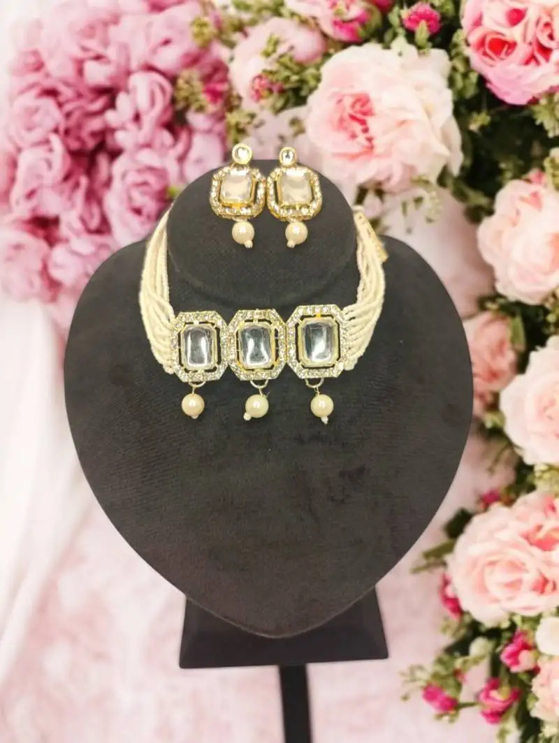 Bridal kundan pearl choker necklace set with earrings | traditional wedding jewelry for women & girls