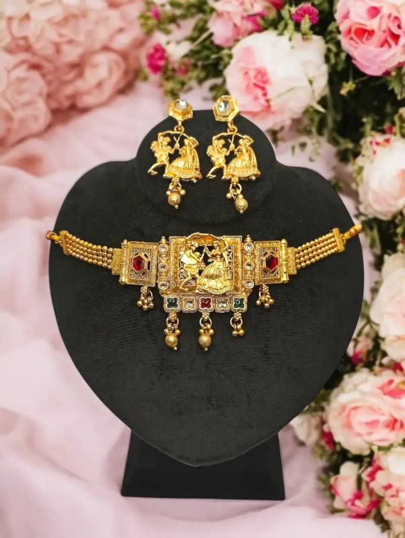 Dandiya dance design choker necklace set with earrings | antique gold-plated traditional garba jewlery |