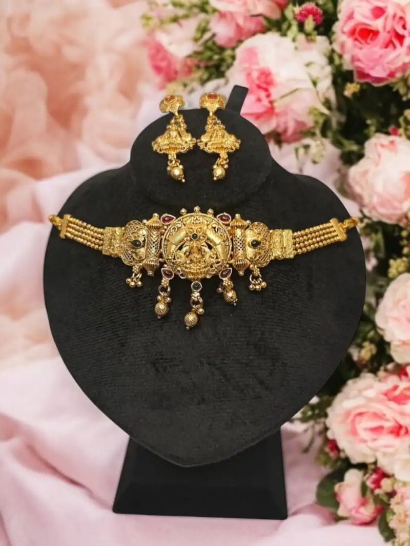 Traditional laxmi design temple choker necklace for women | antique gold-plated bridal jewlery
