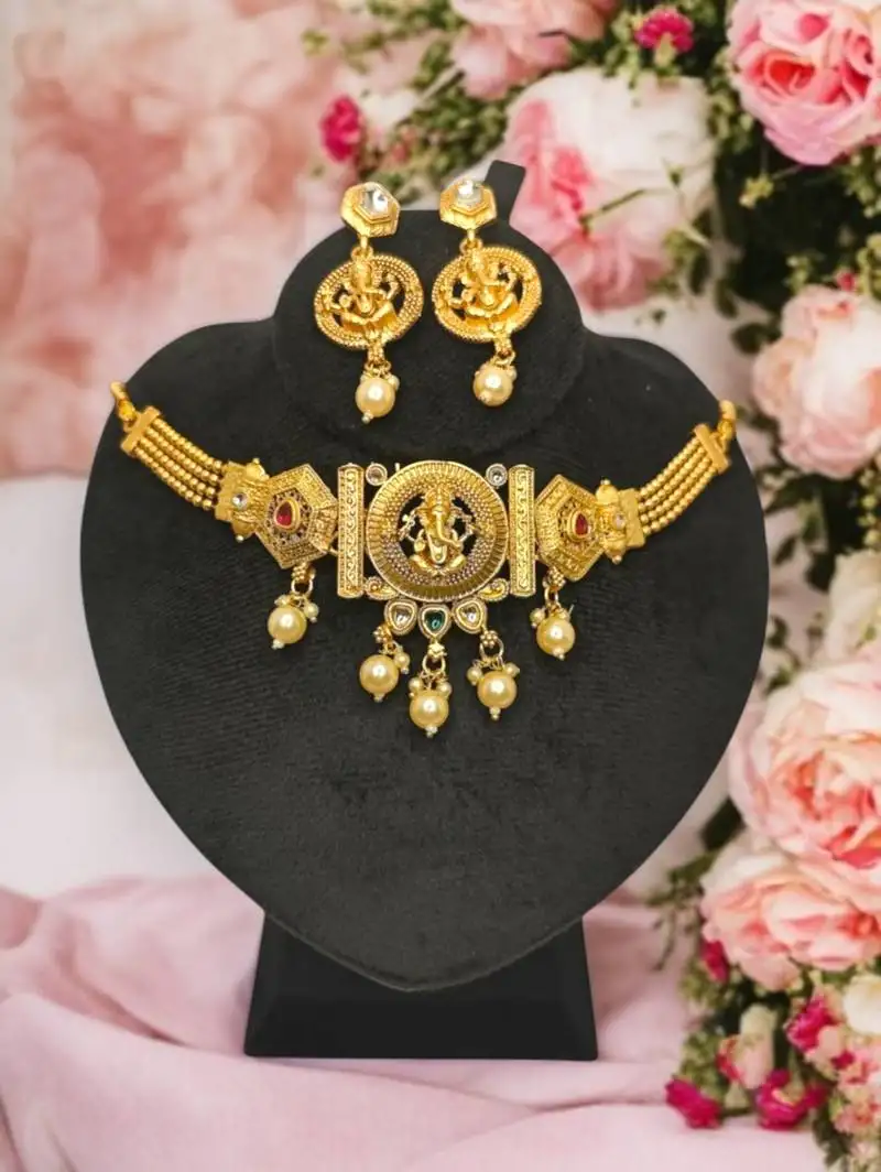 Golden glamour lord ganesh temple choker set gold-plated alloy with cultured pearls