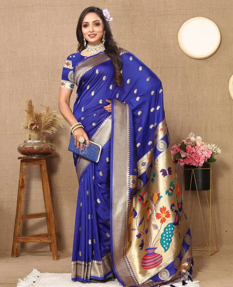 Royal blue color faux banarasi silk saree with paithani rich weaved pallu and blouse