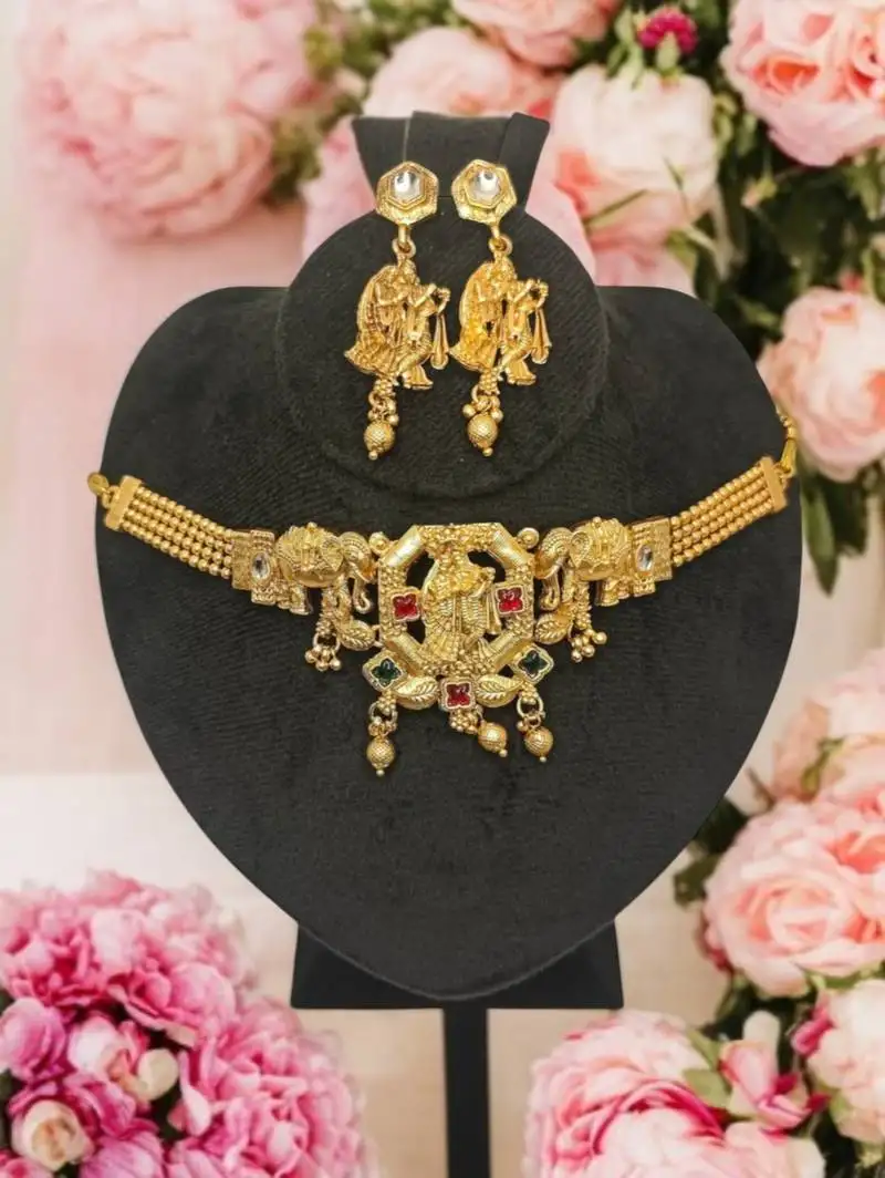 Golden glamour radha krishna temple jewelry choker set for women | traditional antique gold finish with earrings |