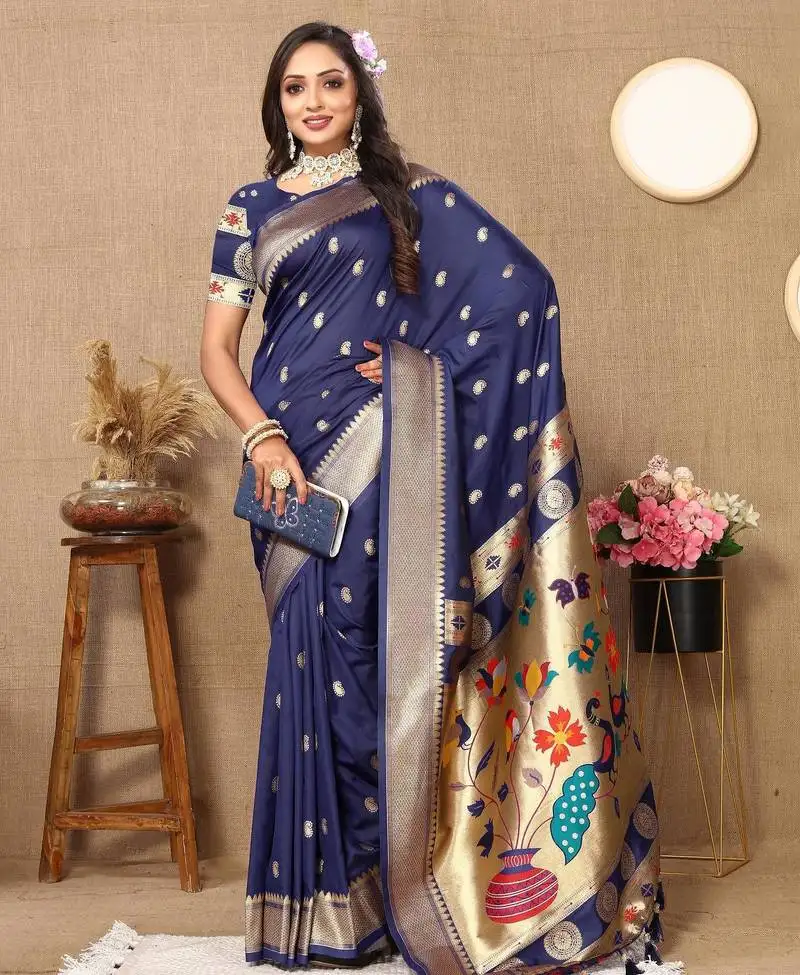 Navy blue color faux banarasi silk saree with paithani rich weaved pallu and blouse