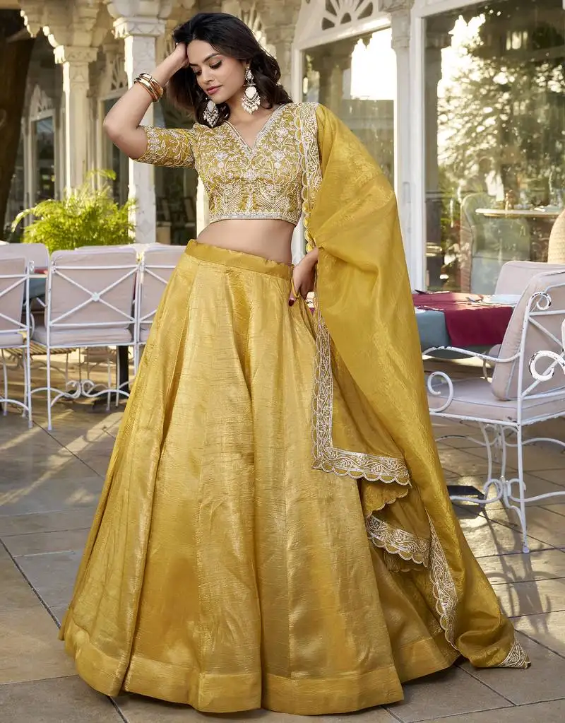 Golden embroidered lehenga choli set