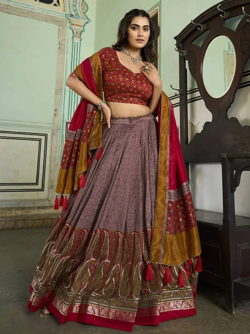 Multicolor kashmiri print with foil print tussar silk lehenga choli