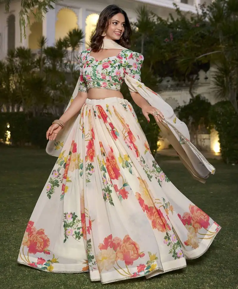 Fetching off-white floral print georgette fabric stitched indian wedding designer lehenga dress
