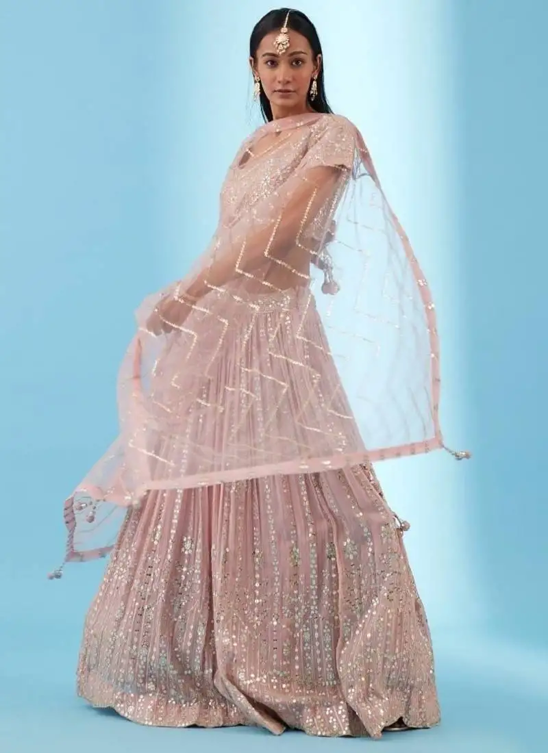Light-pink sequins and zari embroidery georgette lehenga choli