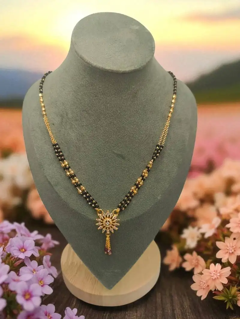 Elegant gold-plated sunflower pendant mangalsutra for women – traditional ad stone jewelry with black beads"