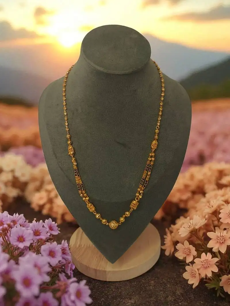 Traditional gold plated double chain mangalsutra for women | black beads with designer beads pendant"