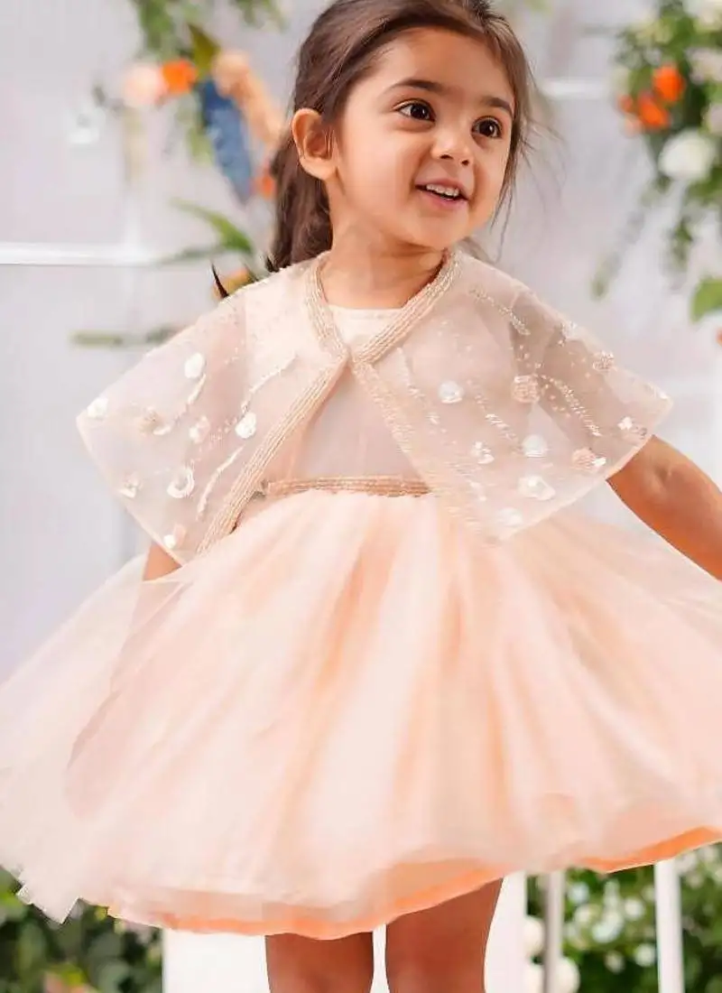 Peach satin woven tulip frock for girls