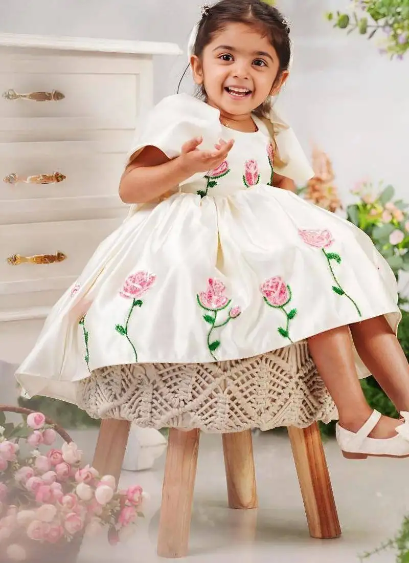 Off white satin printed jasmine gown for girls