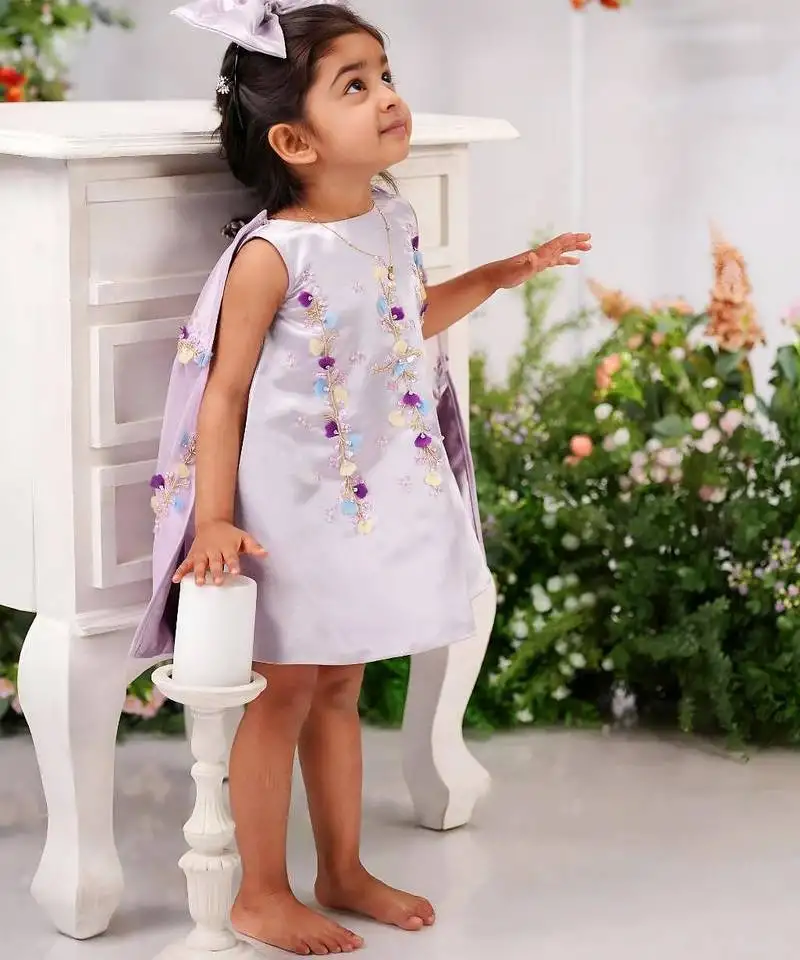 Lavender satin embroidered lavender frock for girls