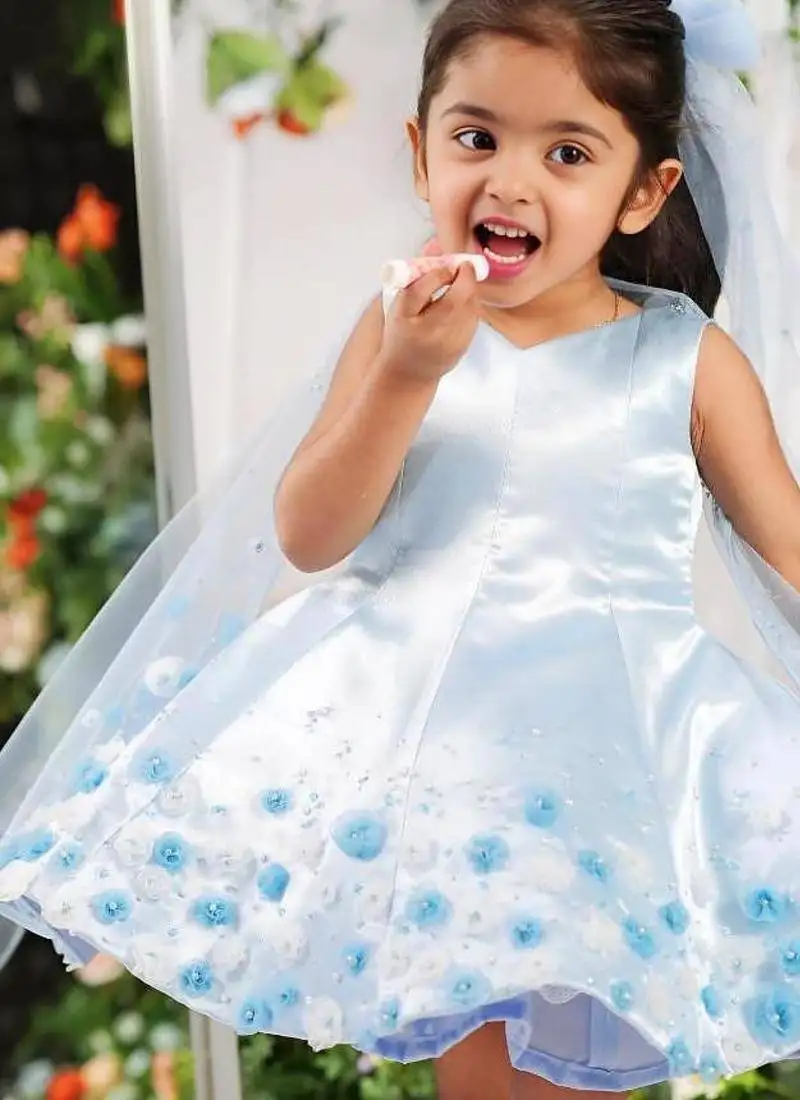 Skyblue satin embroidered sky gown for girls