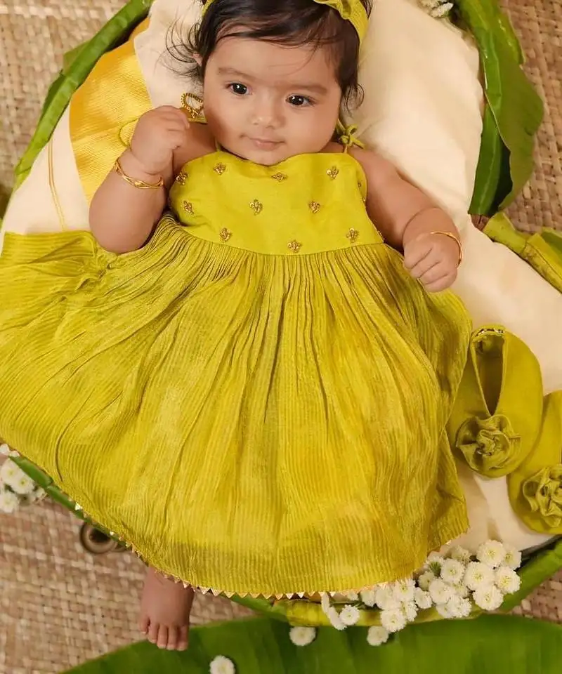 Pistah green tissue embroidered aaradhya frock for girls