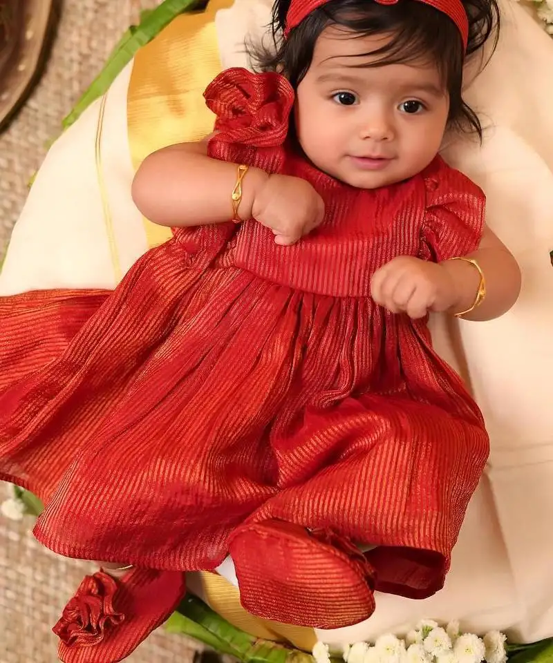 Red tissue plain roja frock for girls