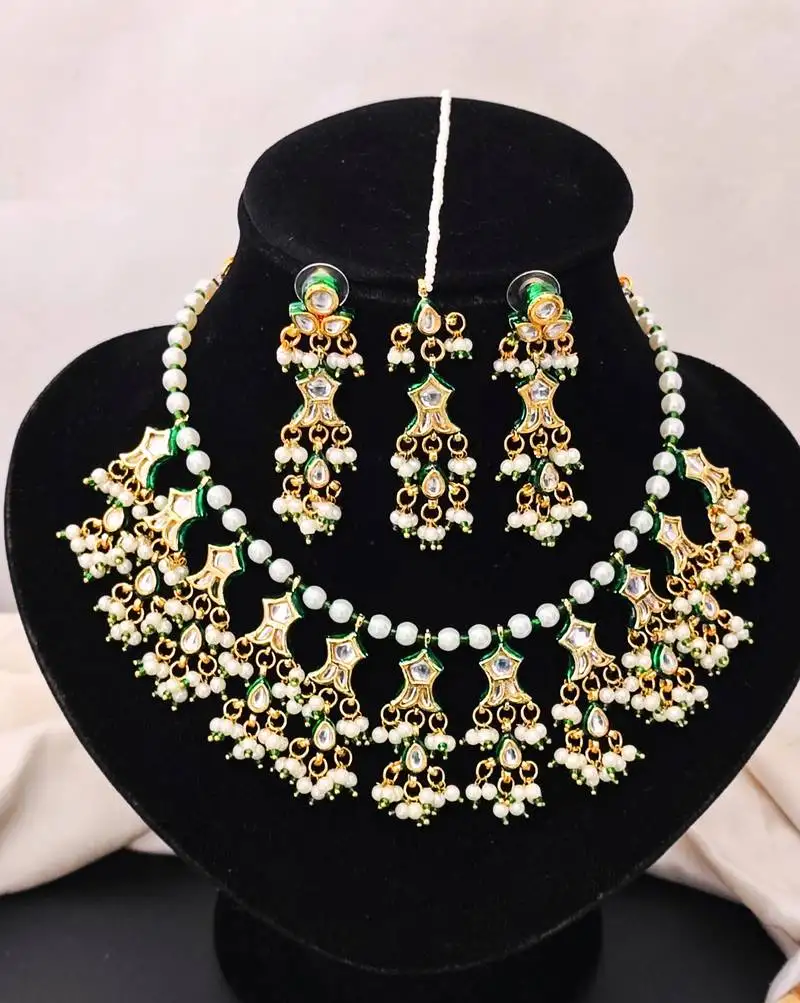 Beautiful kundan pearl and green pearls necklace set with maang tikka & earrings