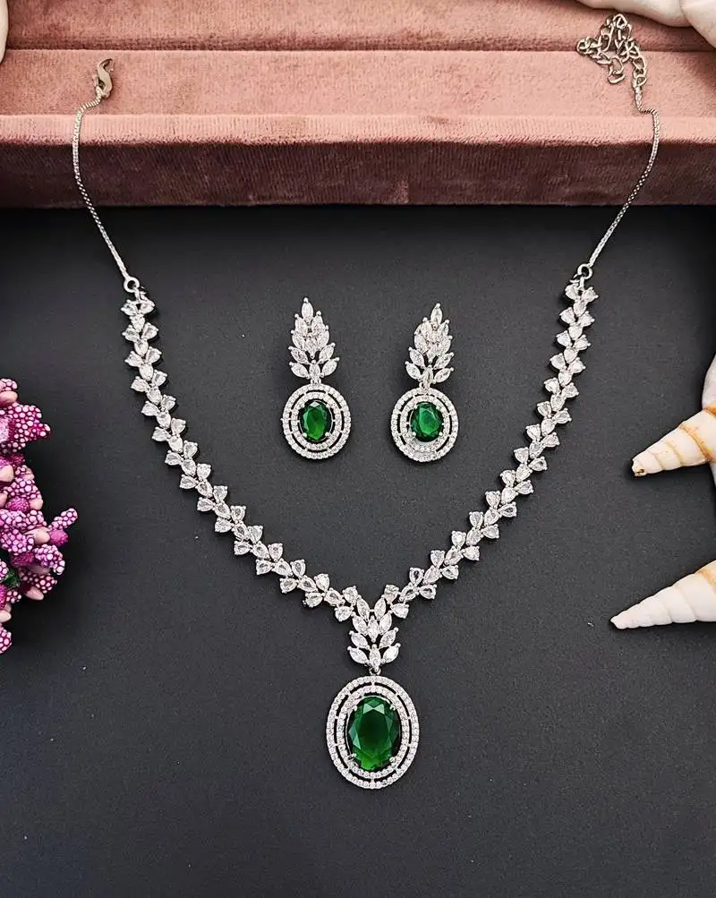 Elegant green stone & cz diamond necklace set for women