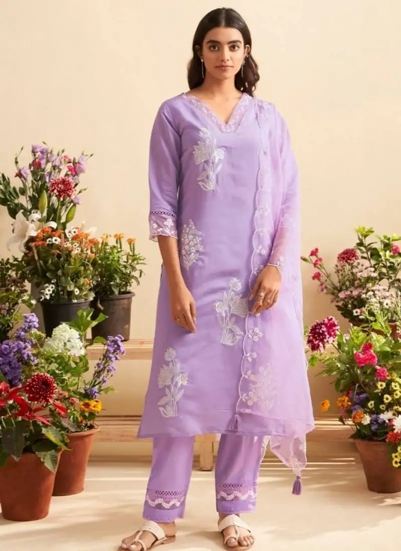 Lavender lavender embroidered blended kurta sets