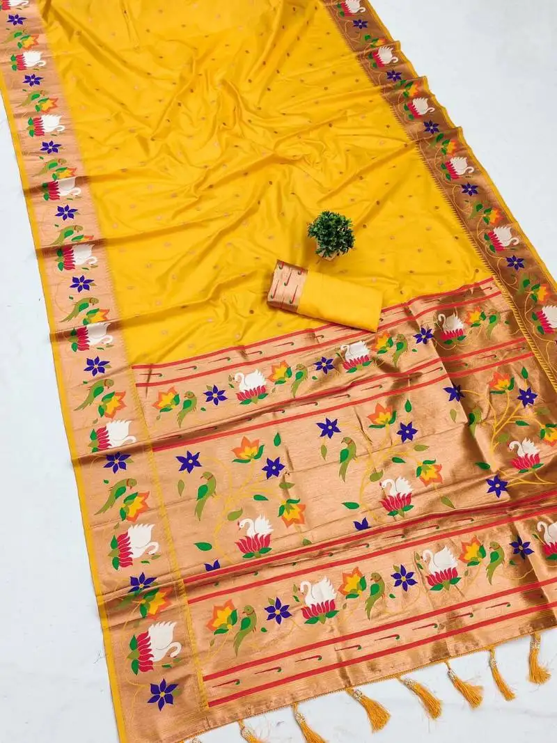 Yellow banarasi silk blend saree with paithani weaved pallu and blouse