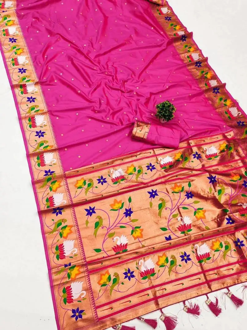 Pink banarasi silk blend saree with paithani weaved pallu and blouse