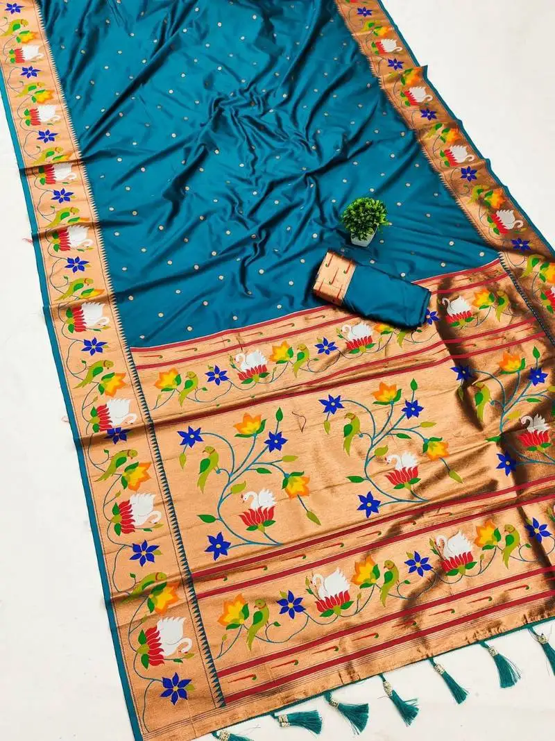 Sky banarasi silk blend saree with paithani weaved pallu and blouse