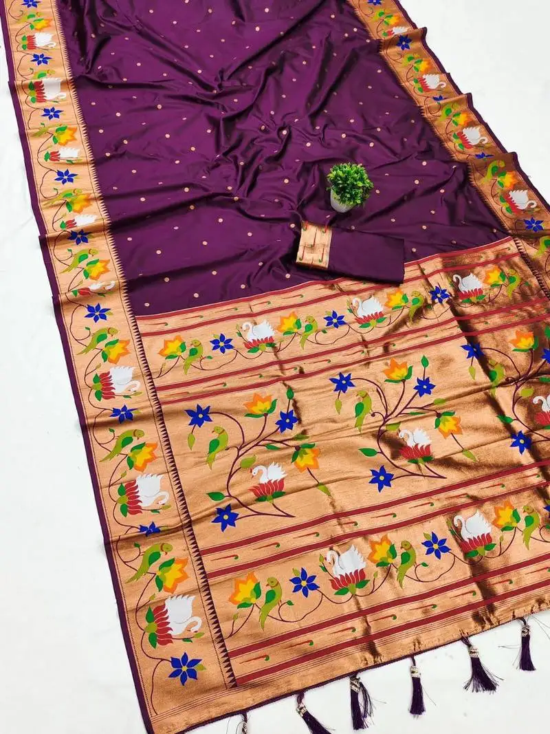 Wine banarasi silk blend saree with paithani weaved pallu and blouse