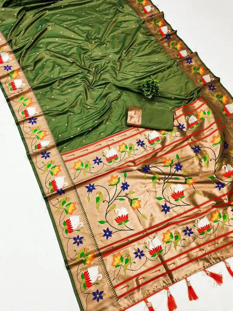 Mehendi green banarasi silk blend saree with paithani weaved pallu and blouse