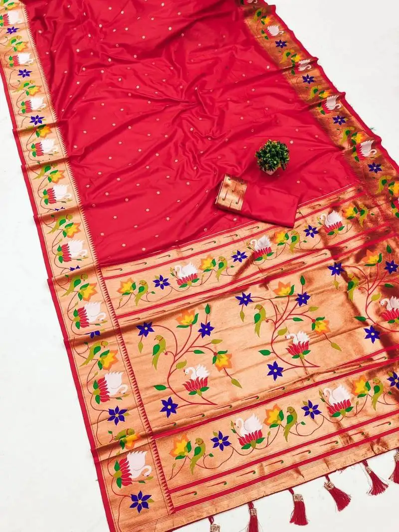 Red banarasi silk blend saree with paithani weaved pallu and blouse