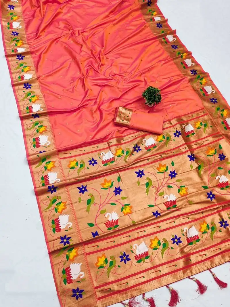 Orange banarasi silk blend saree with paithani weaved pallu and blouse