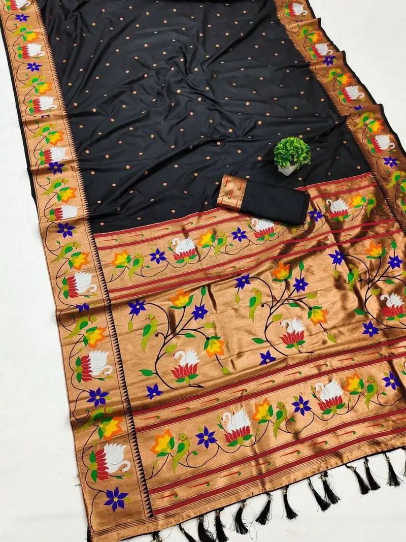 Black banarasi silk blend saree with paithani weaved pallu and blouse