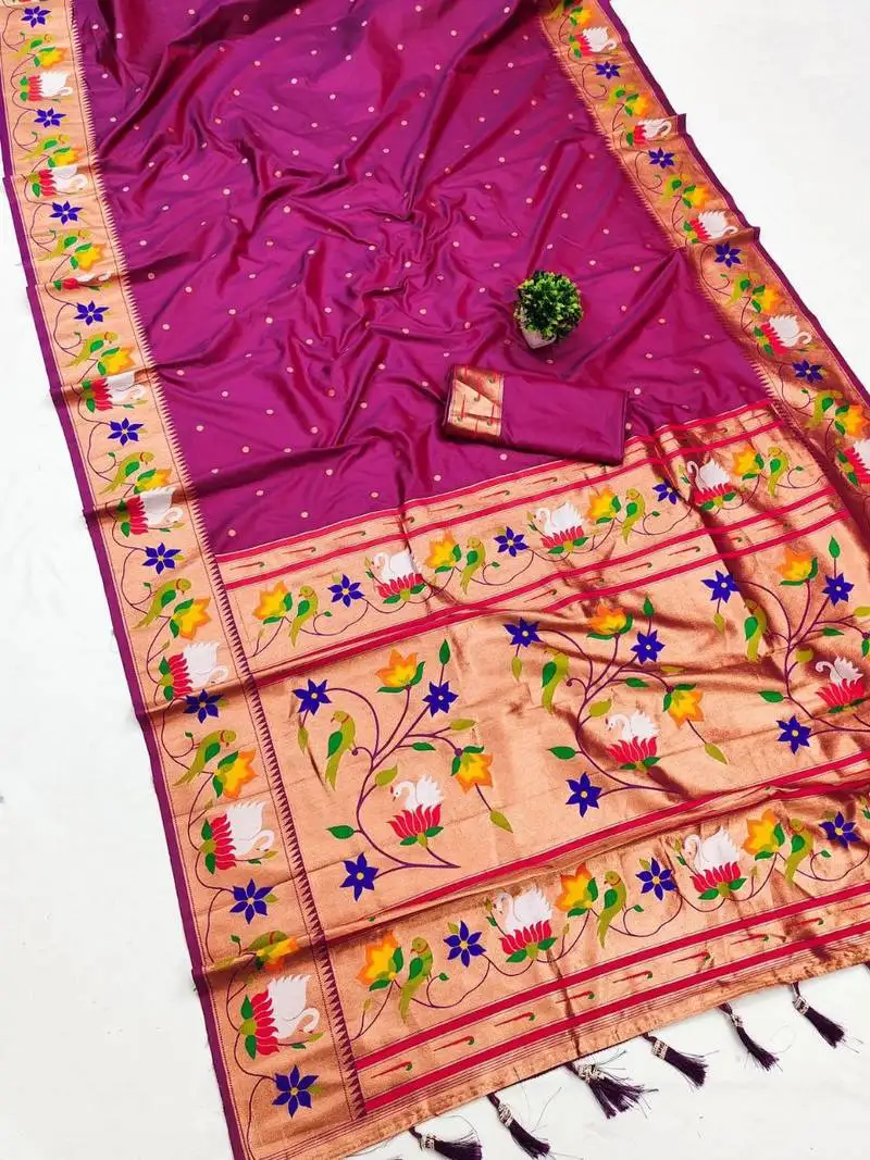 Rani pink banarasi silk blend saree with paithani weaved pallu and blouse