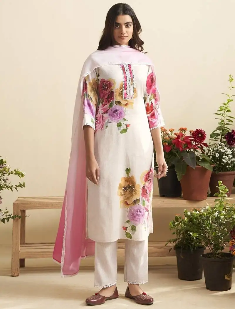 Lily off white printed blended kurta sets