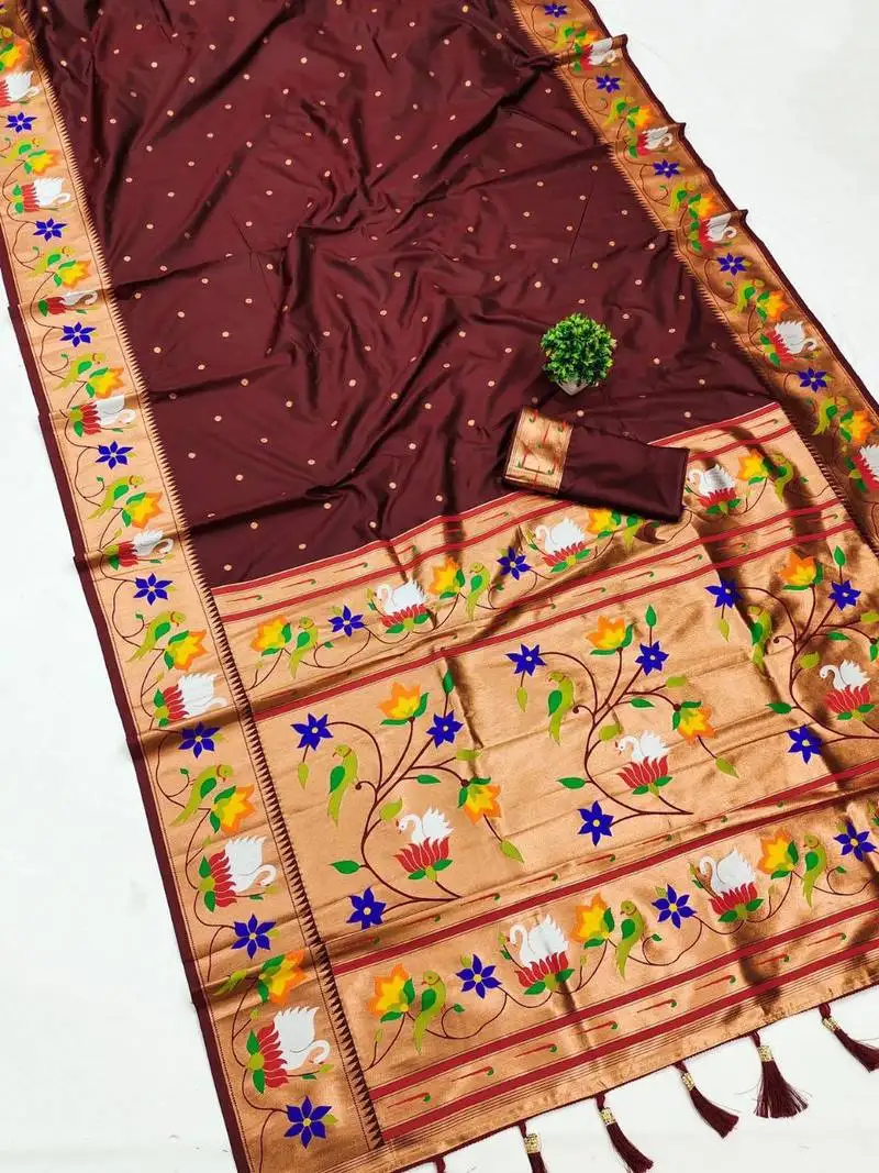 Cofee banarasi silk blend saree with paithani weaved pallu and blouse