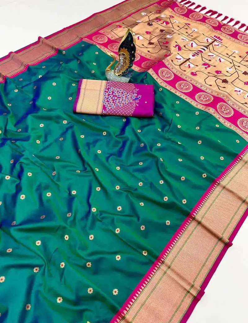 Rama green banarasi silk blend saree with paithani weaved pallu and blouse
