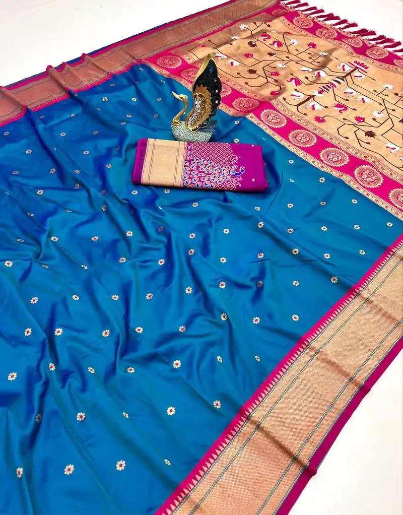 Teal blue banarasi silk blend saree with paithani weaved pallu and blouse