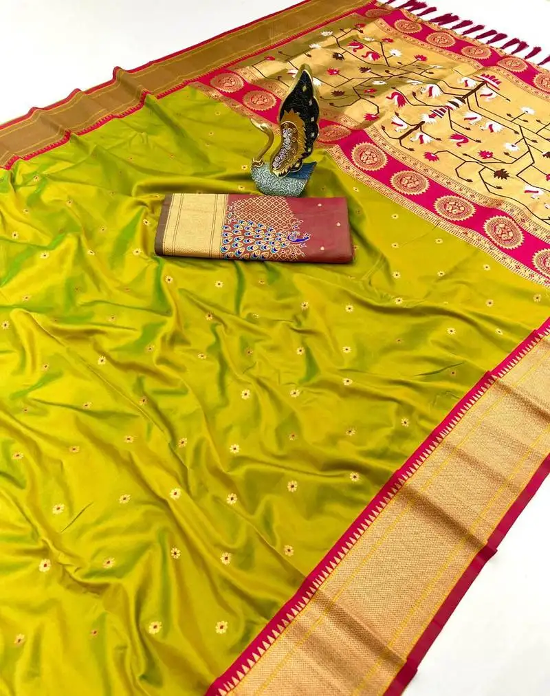 Lemon yellow banarasi silk blend saree with paithani weaved pallu and blouse